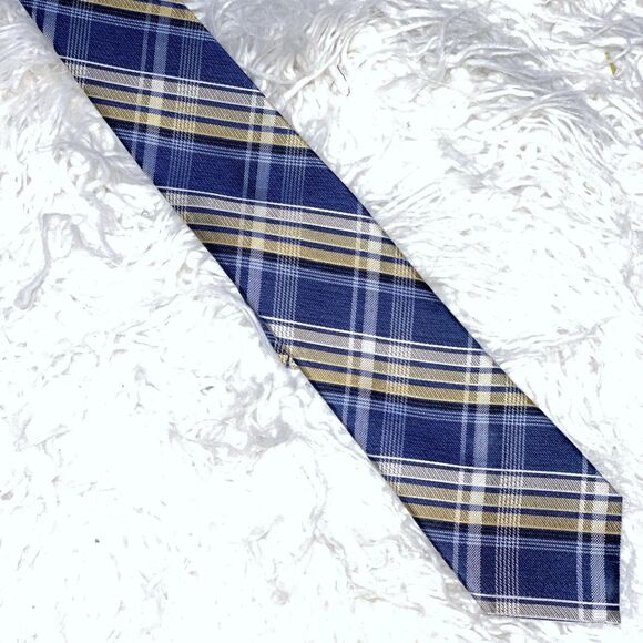 Pronto Uomo Men’s Neck Tie Blue And Yellow Plaid 100% Silk - Picture 1 of 3